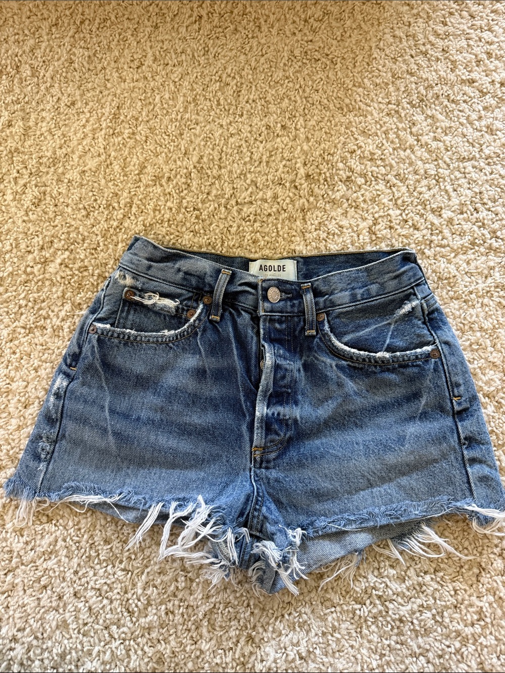 Agolde Distressed Medium Blue Denim Cutoff Shorts